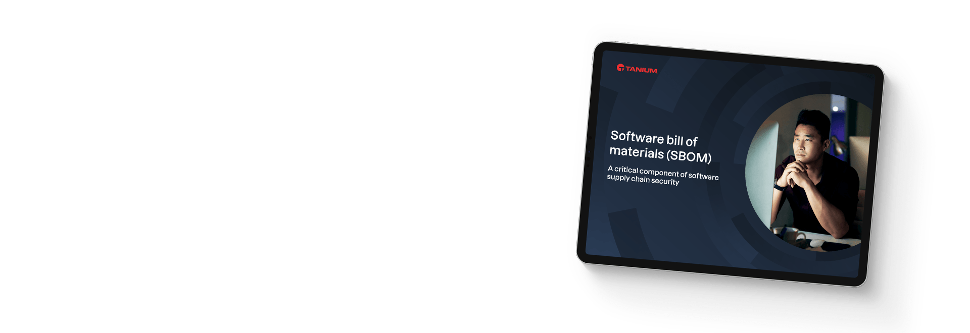 Tablet mit dem E-Book-Cover zur Software-Stückliste (SBOM) mit Porträt