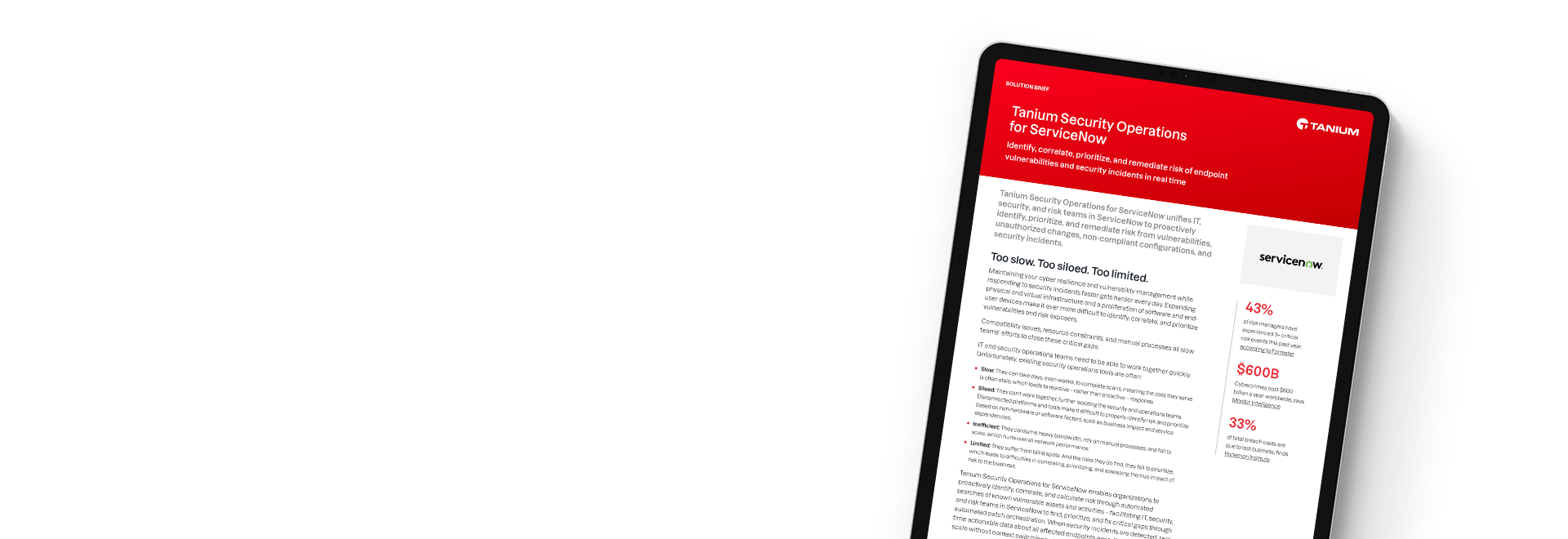 Tablet showing solution brief 'Tanium Security Operations for ServiceNow'