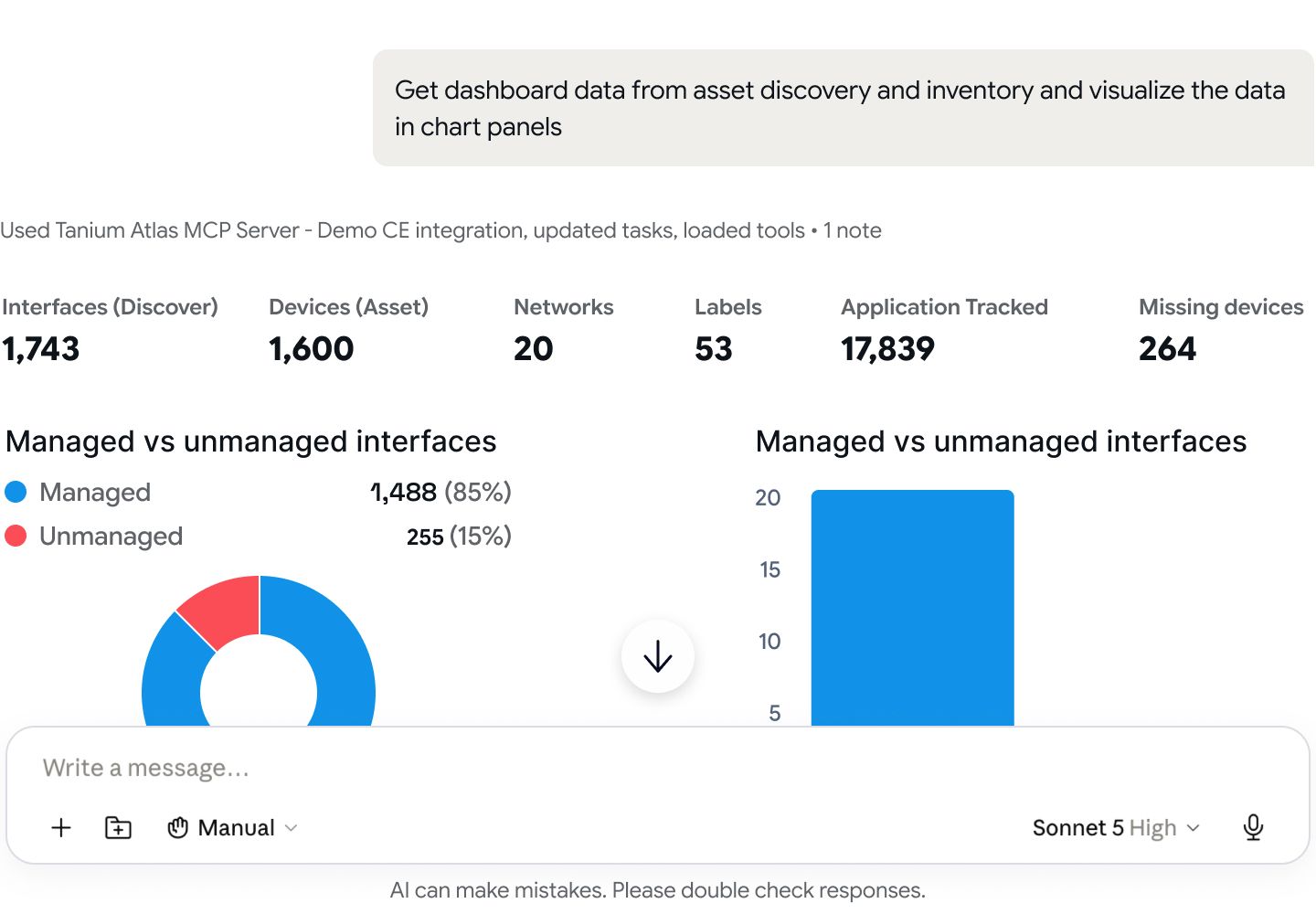 Tanium Atlas MCP Server Chat-Schnittstelle, die Asset-Erkennungs- und Bestandsdaten zeigt, die in Diagrammpanels visualisiert werden