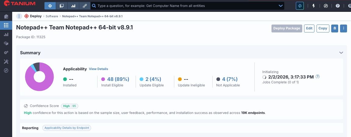Screenshot der „Deploy Gallery“ von Tanium, die Inhalte zur Aktualisierung und Deinstallation von Notepad++ enthält