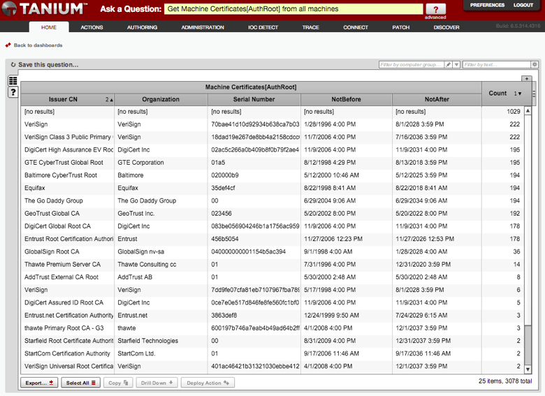 Screenshot der Tanium-Benutzeroberfläche, auf dem die Tabelle mit dem Bestand an Gerätezertifikaten samt Angaben zum Aussteller und zum Ablaufdatum angezeigt wird
