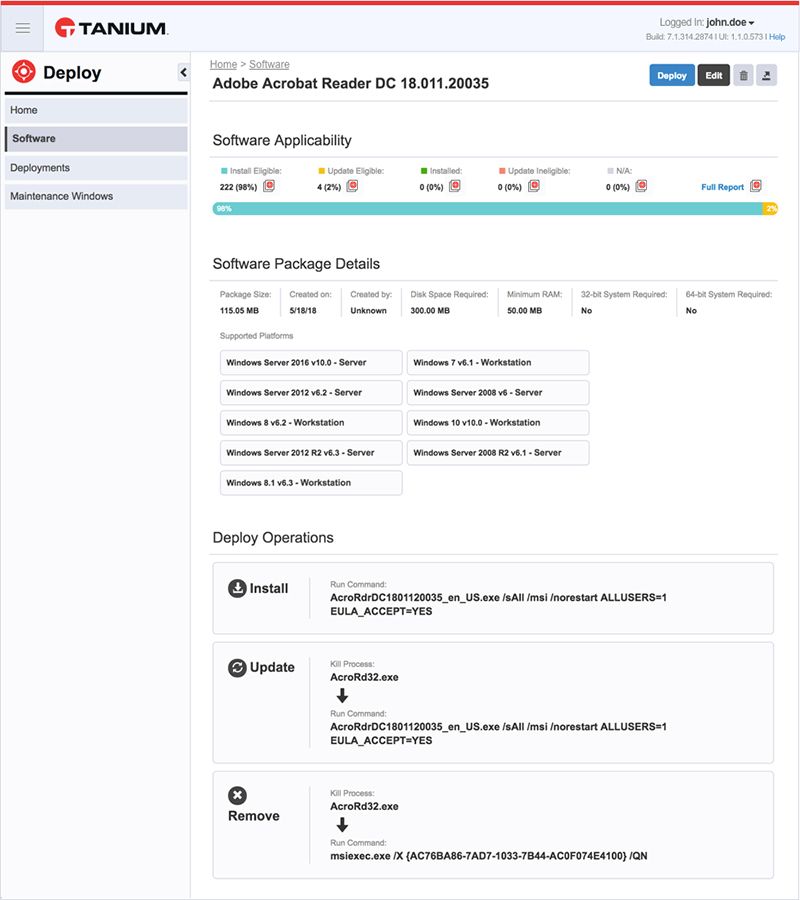 Screenshot der Detailseite der Software „Adobe Acrobat Reader DC“ mit Angaben zu Anwendungsbereich, Paketdetails und Bereitstellungsvorgängen