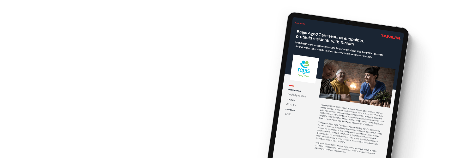 Tablet mit der Fallstudie „Regis Aged Care sichert Endpunkte und schützt Bewohner mit Tanium"