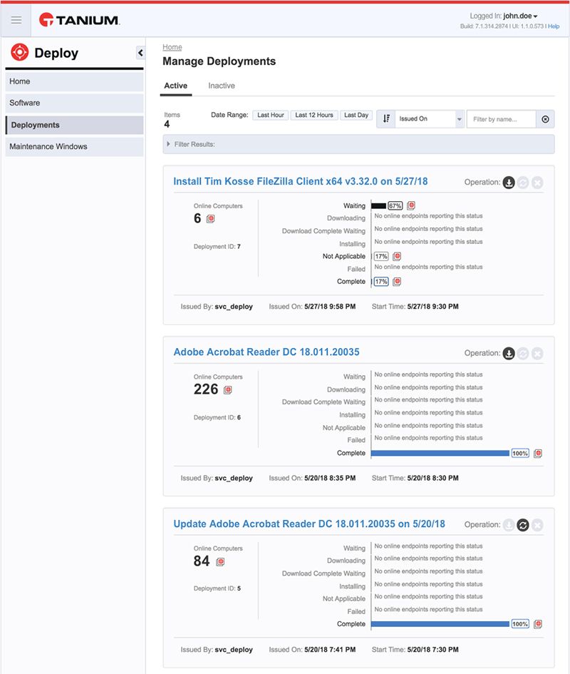 Screenshot der Seite „Tanium Manage Deployments“, auf der aktive Bereitstellungen für den FileZilla-Client von Tim Kostic, den Adobe Acrobat Reader und weitere Software aufgelistet sind