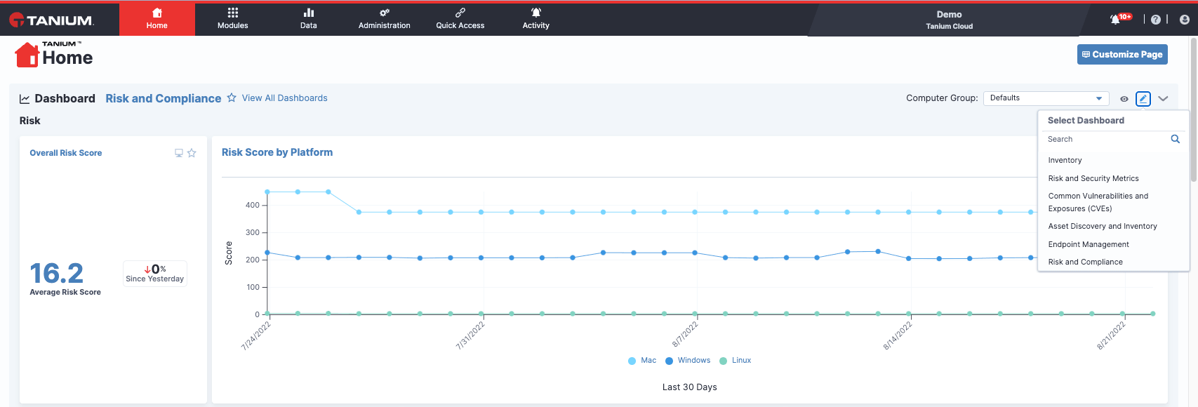 Screenshot der Startseite der Tanium-Konsole
