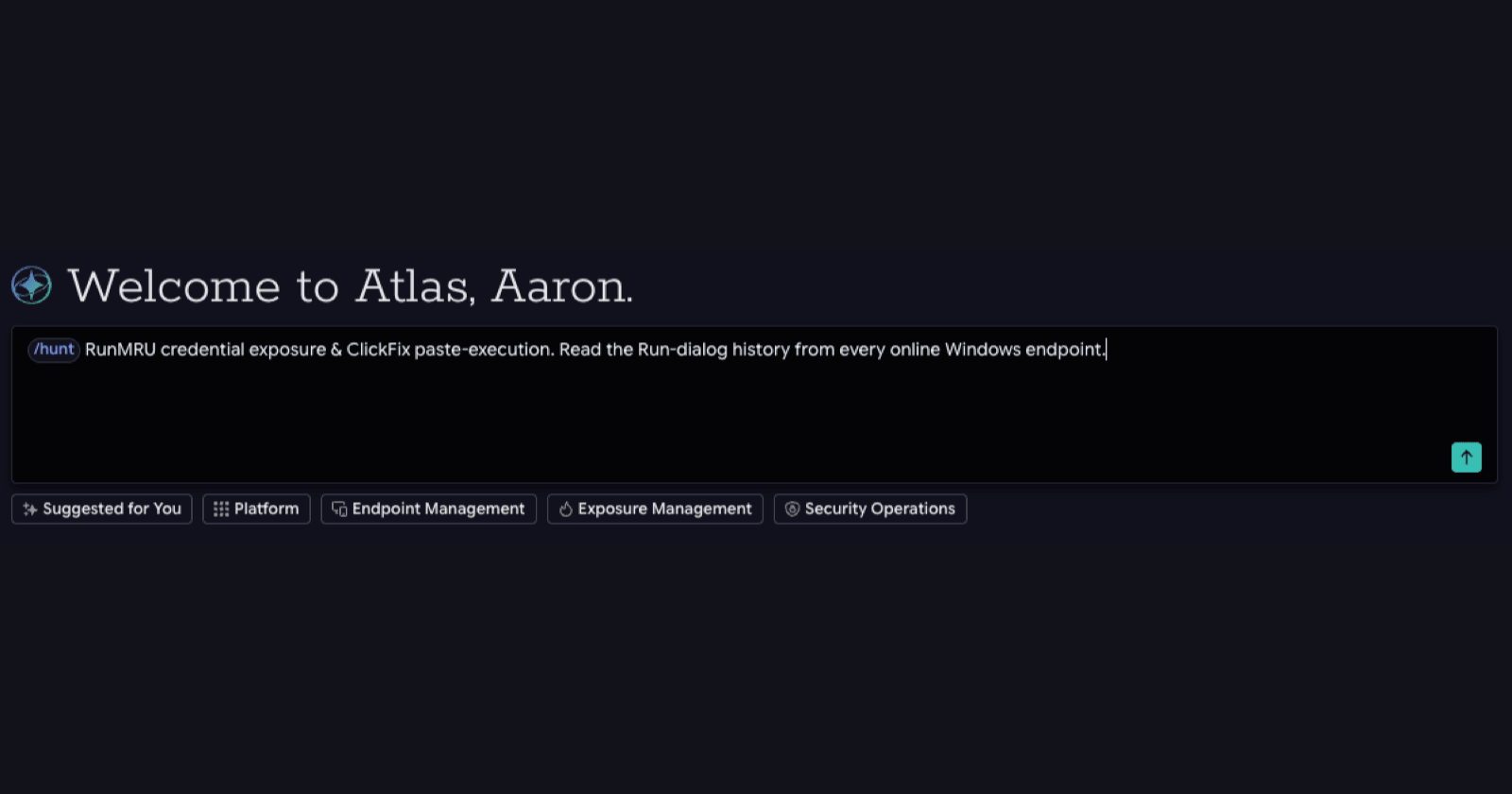 Die Tanium Atlas-Befehlszeile mit dem Befehl „RunMRU“ zur Aufdeckung von Anmeldedaten mittels „Slash-Hunt“ wurde eingegeben