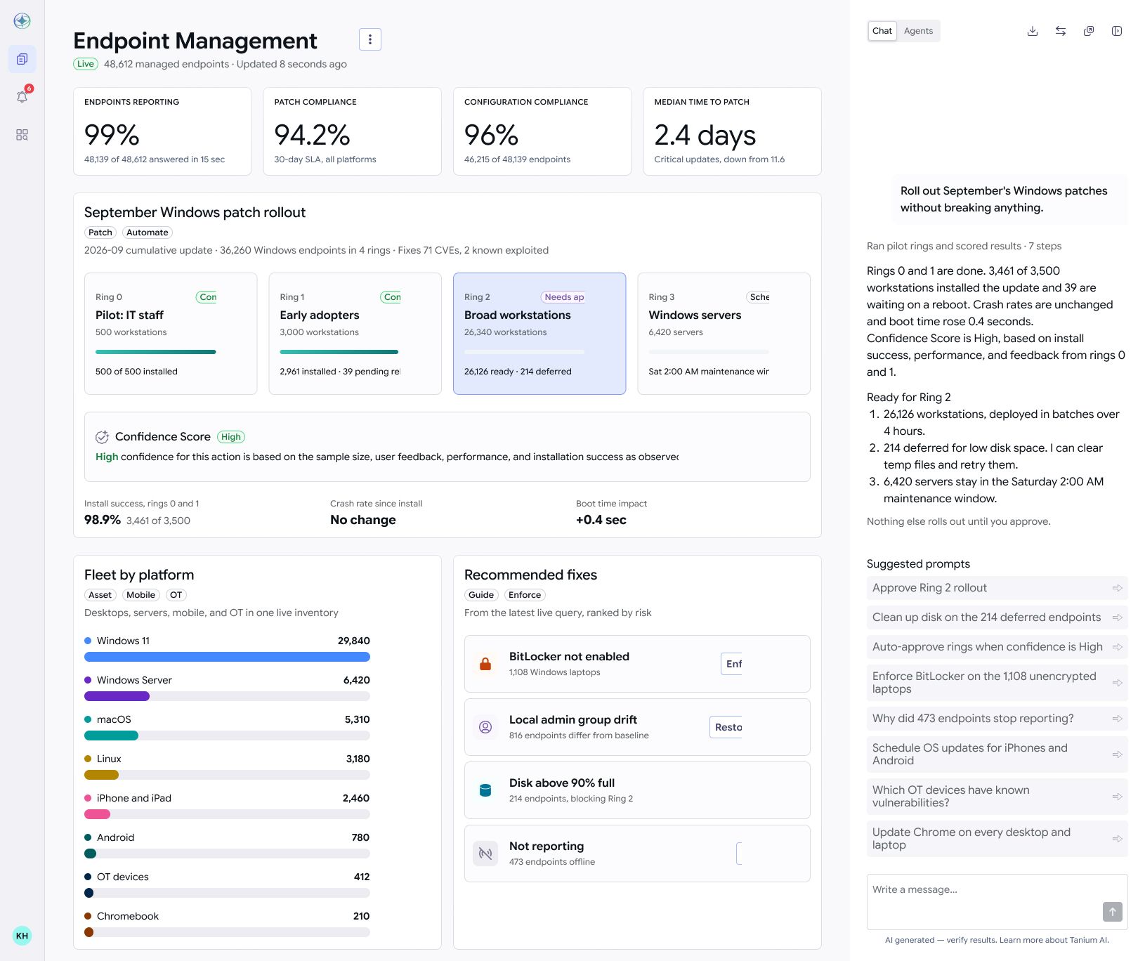 Tanium Endpoint Management Dashboard, das Endpunkttypen nach Betriebssystem, Patching-Zustand und Verschlüsselungsstatus zeigt