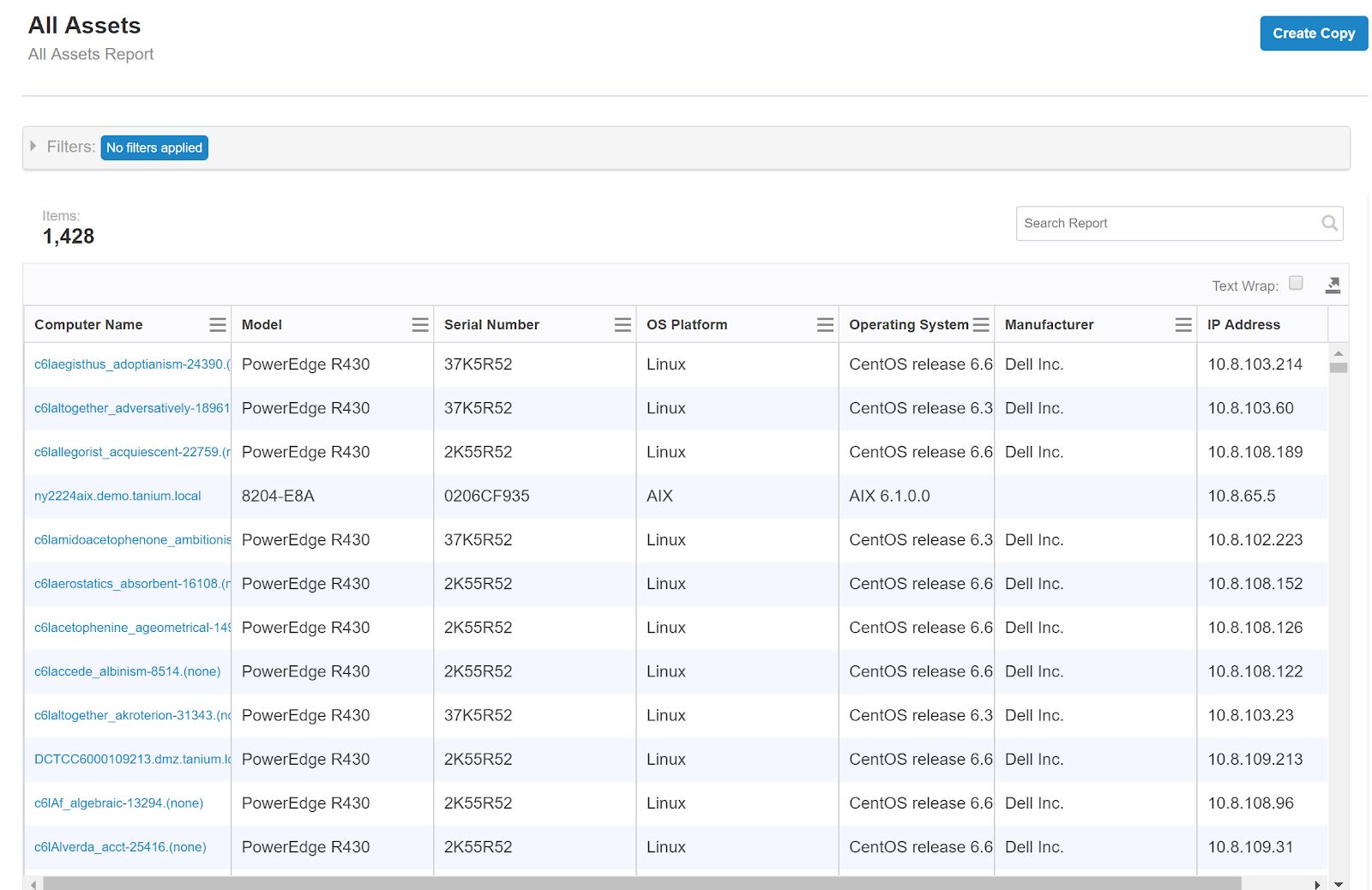 Screenshot des „Tanium All Assets“-Berichts, der Computernamen, Modelle, Seriennummern, Betriebssystemplattformen und IP-Adressen anzeigt