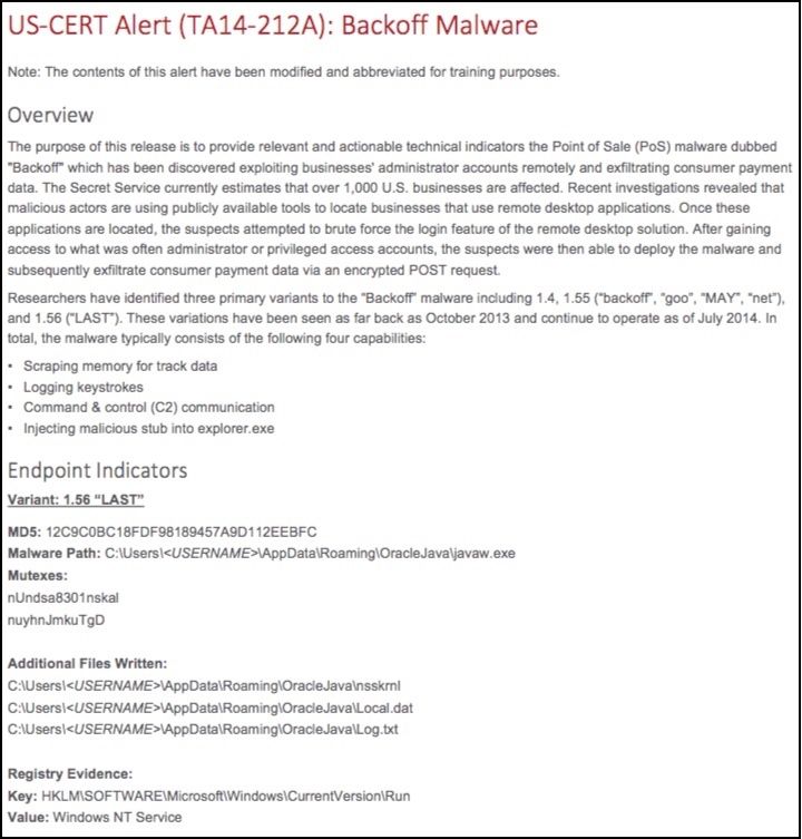 US-CERT-Warnmeldung mit Indikatoren für die „Backoff“-Malware, darunter Hash-Wert MD5 , Dateipfade und Registrierungsschlüssel