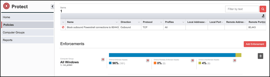 Screenshot von Tanium Protect, der die Durchsetzung von Firewall-Richtlinien und Kennzahlen zur Verbindungssicherheit zeigt