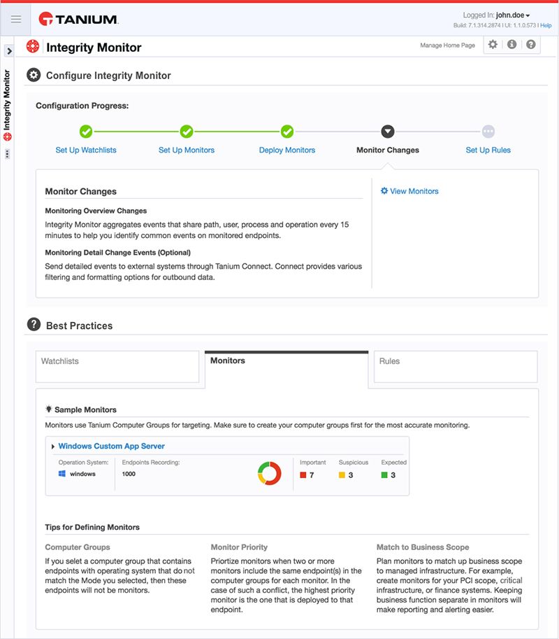 Screenshot der Seite „Konfigurationsfortschritt“ des Tanium Integrity Monitor, auf der die Einrichtungsschritte für Beobachtungslisten und Überwachungsfunktionen angezeigt werden