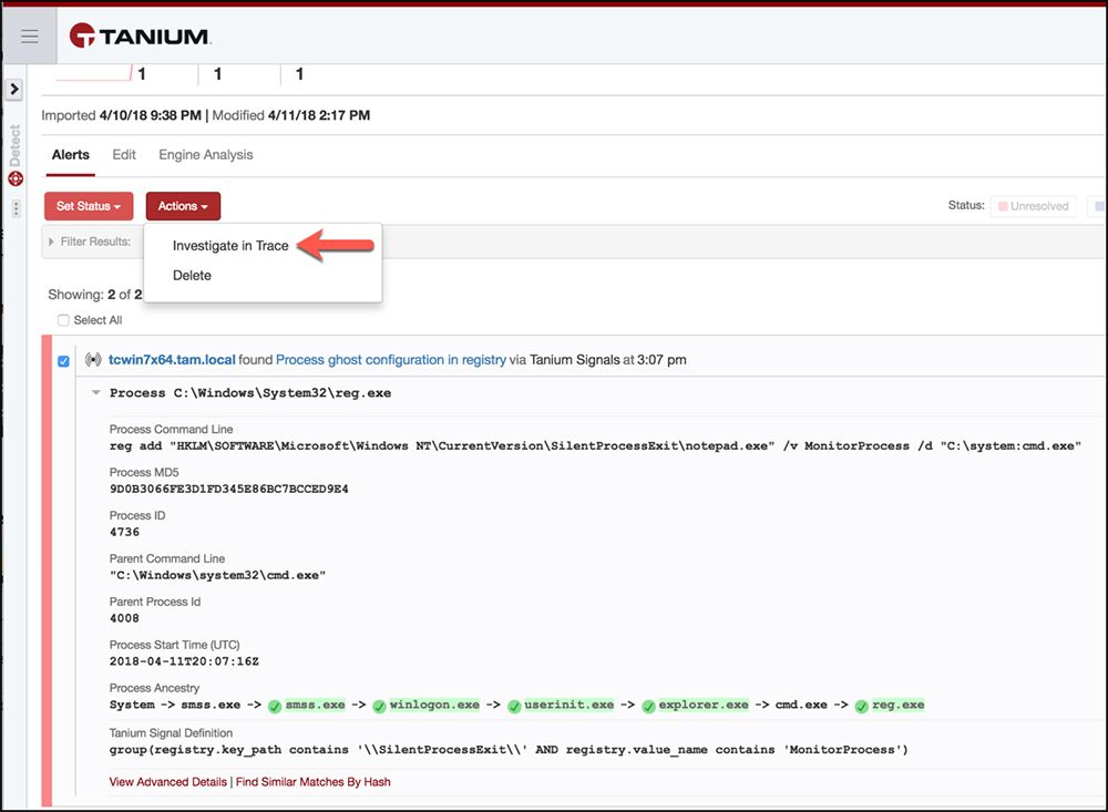 Tanium Signals-Warnmeldung zur Erkennung einer „Ghost“-Konfiguration eines Prozesses