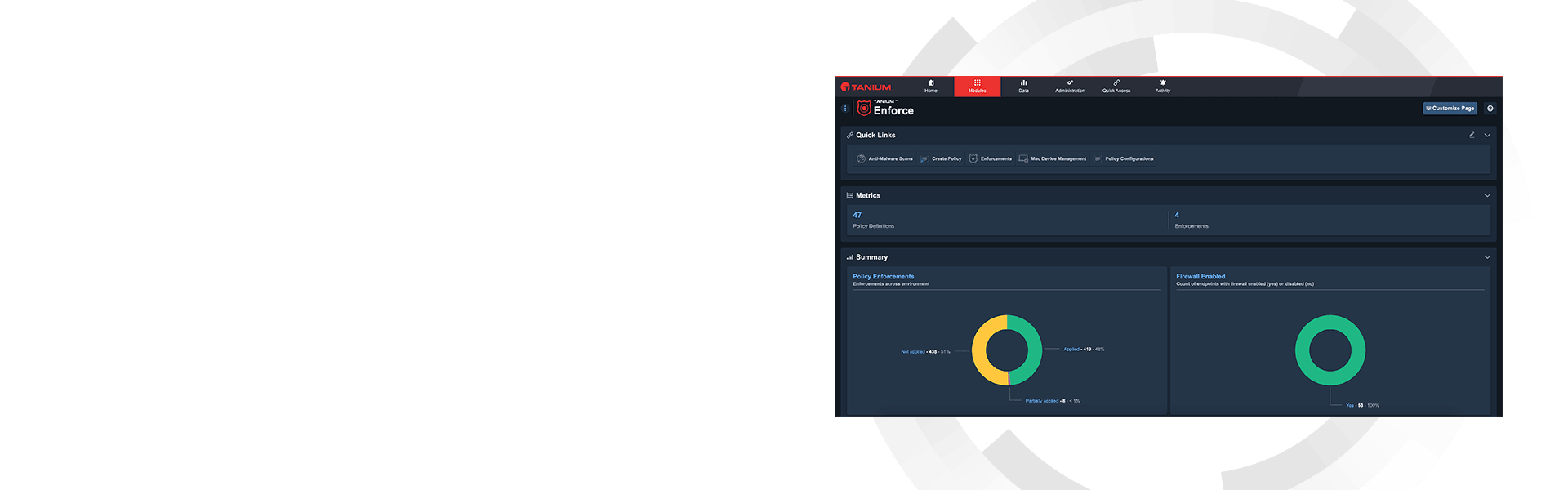 Tanium Enforce Hero-Dashboard-Mockup mit Visualisierung der Richtlinienverwaltung
