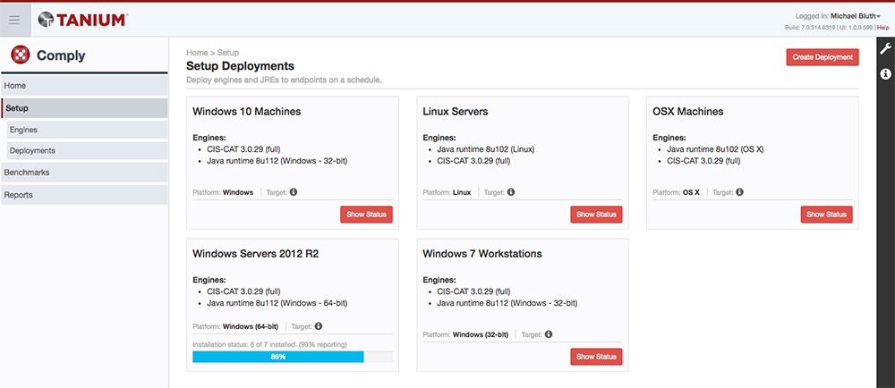 Tanium Comply-Dashboard mit einer Übersicht über die Bereitstellungszeitpläne für verschiedene Betriebssysteme