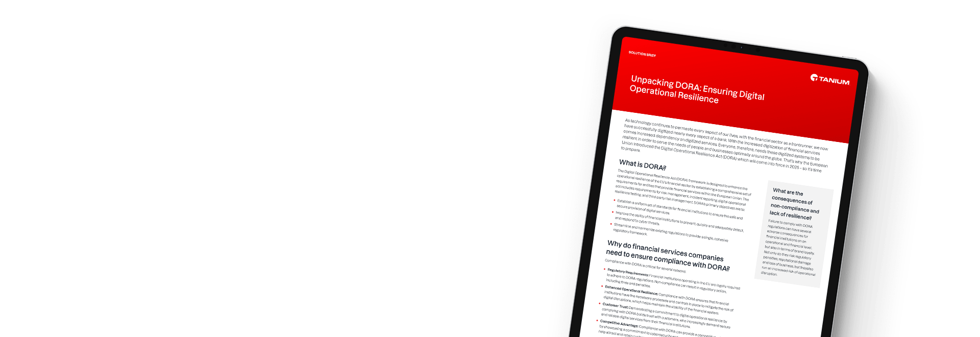 Tablet mit dem Solution Brief „DORA entschlüsselt: Digitale Betriebsresilienz sicherstellen"