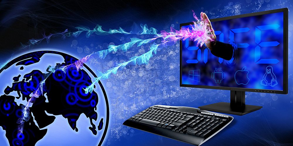 Blaue Illustration des weltweiten IT-Betriebs mit Globus und Tastatur