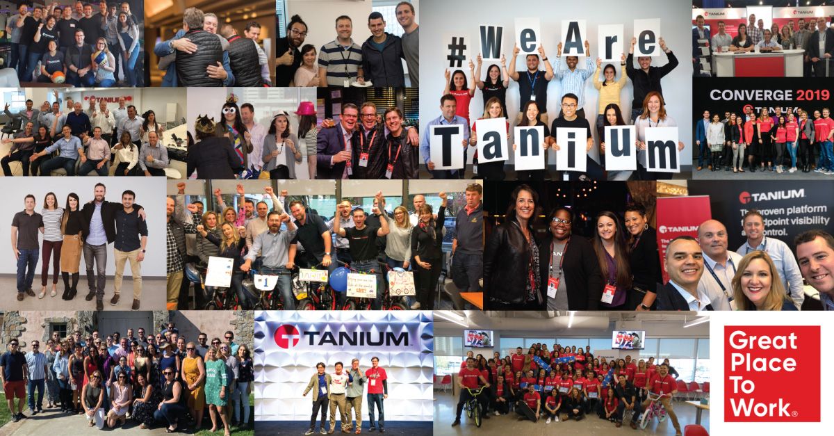 Collage mit Mitarbeitern von Tanium und Unternehmenselementen, darunter das Logo der Veranstaltung „CONVERGE 2019 “ sowie die Auszeichnung „Great Place to Work“