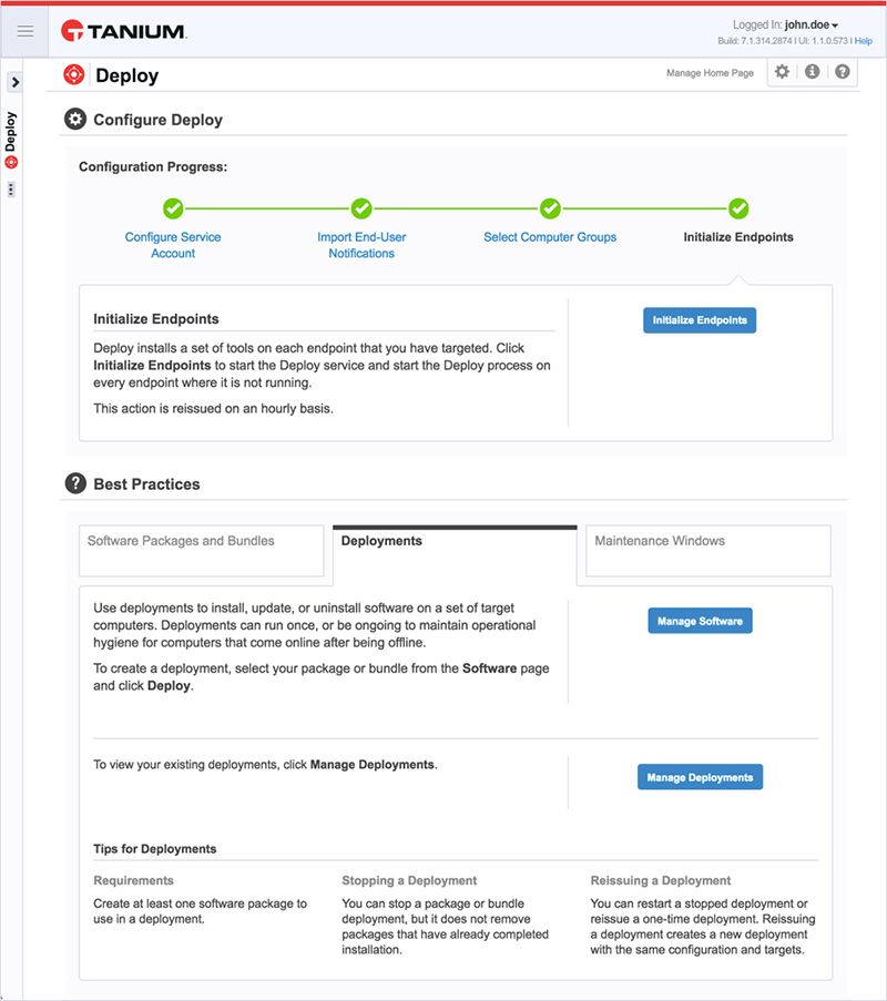 Screenshot des Konfigurationsfortschritts von Tanium Deploy, der den Schritt „Endpunkte initialisieren“ mit Best Practices für die Softwareverwaltung zeigt