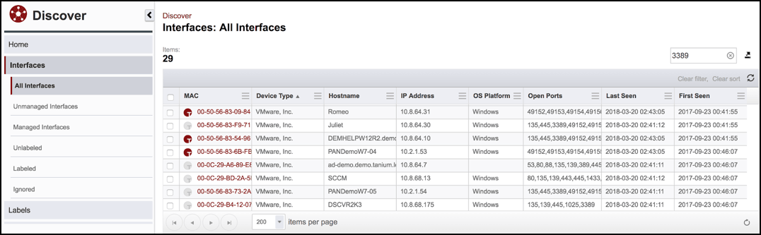 Screenshot der Tanium Discover-Benutzeroberfläche, auf dem Netzwerkschnittstellen mit MAC-Adressen und Plattformdetails angezeigt werden