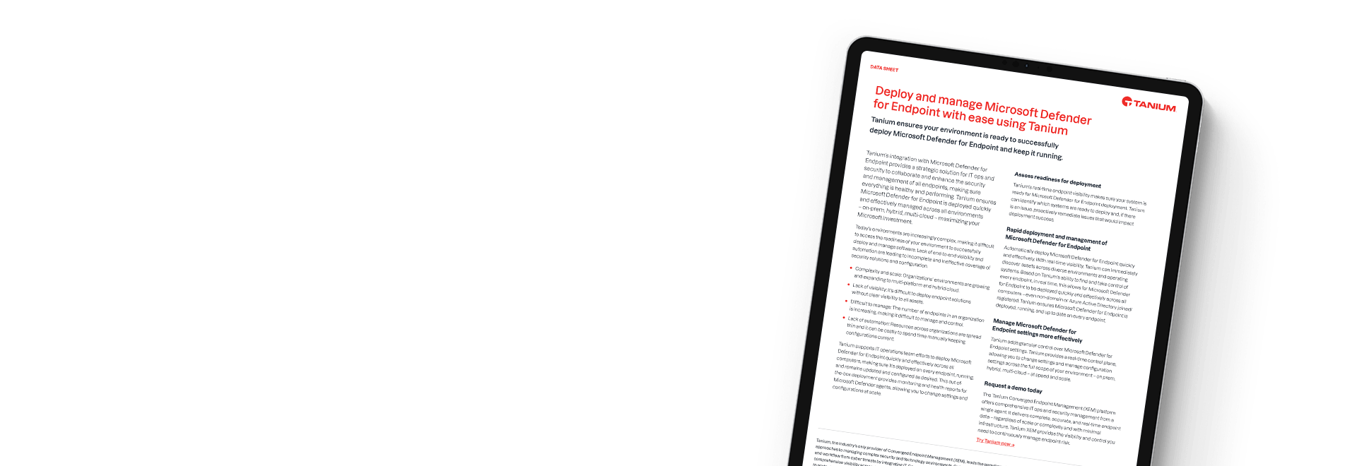 Tablet mit dem Datenblatt „Tanium + Microsoft Defender für Endpunkt"