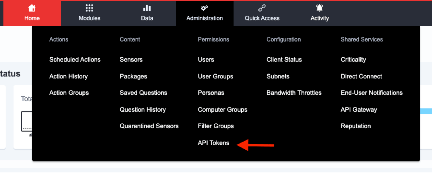 Screenshot 1: Darstellung, wo API-Token in der Tanium-Konsole erstellt werden können
