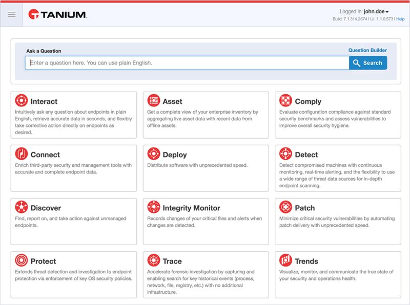 Screenshot der Startseite der Tanium-Plattform mit den folgenden Aktionspunkten: „Interact“, „Asset“, „Comply“, „Connect“, „Deploy“, „Detect“, „Discover“, „Integrity Monitor“, „Patch“, „P…“