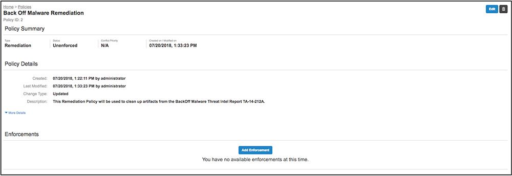 Übersichtsseite der Tanium Protect-Richtlinie zur Malware-Beseitigung mit Angaben zum Bereitstellungsstatus und weiteren Details