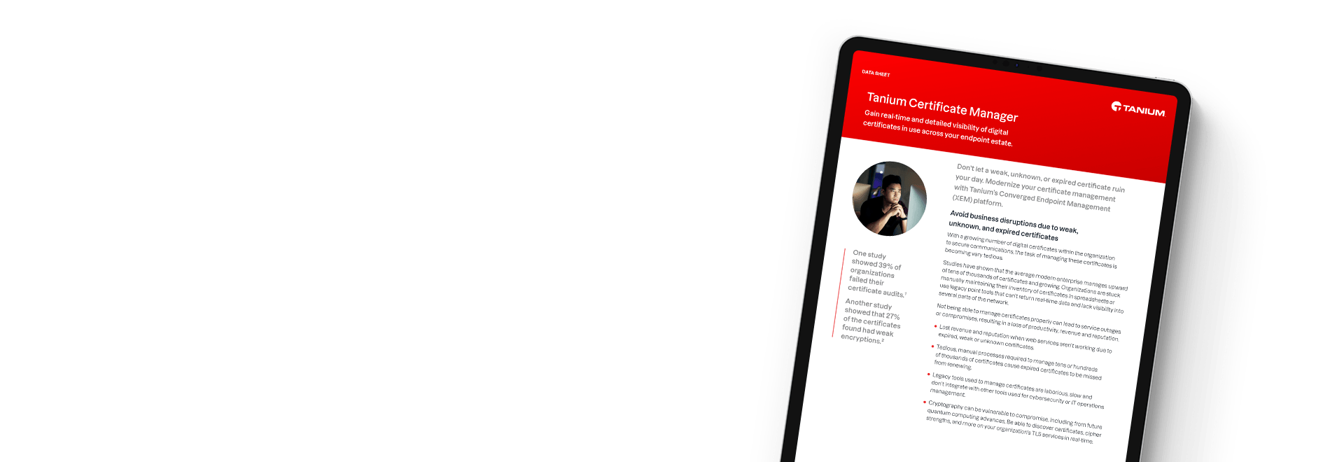 Tablet mit dem Tanium Certificate Manager-Datenblatt im Hochformat