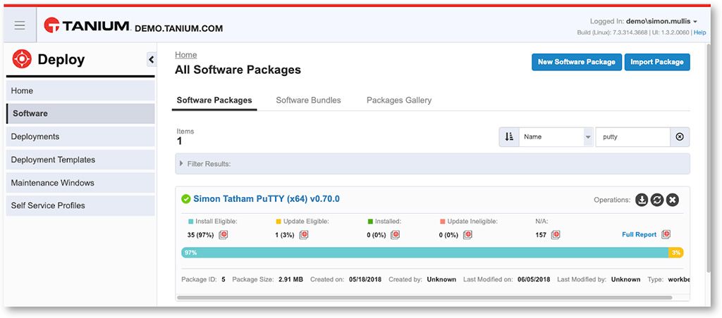 Screenshot der Ansicht „Alle Softwarepakete bereitstellen“ in Tanium, der das PuTTY-Softwarepaket von Simon Tatham mit dem Bereitstellungsstatus zeigt