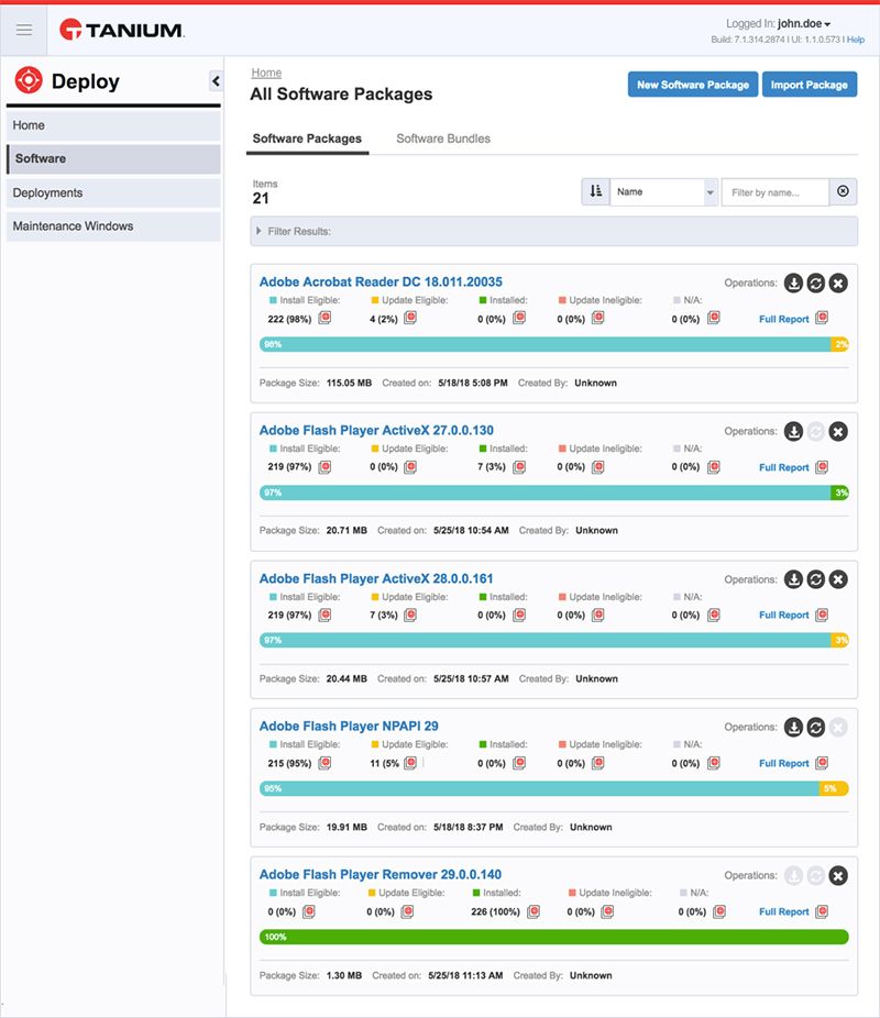Screenshot der Softwareliste in Tanium Deploy, auf der 21 installierte Pakete angezeigt werden, darunter Adobe und Flash Player