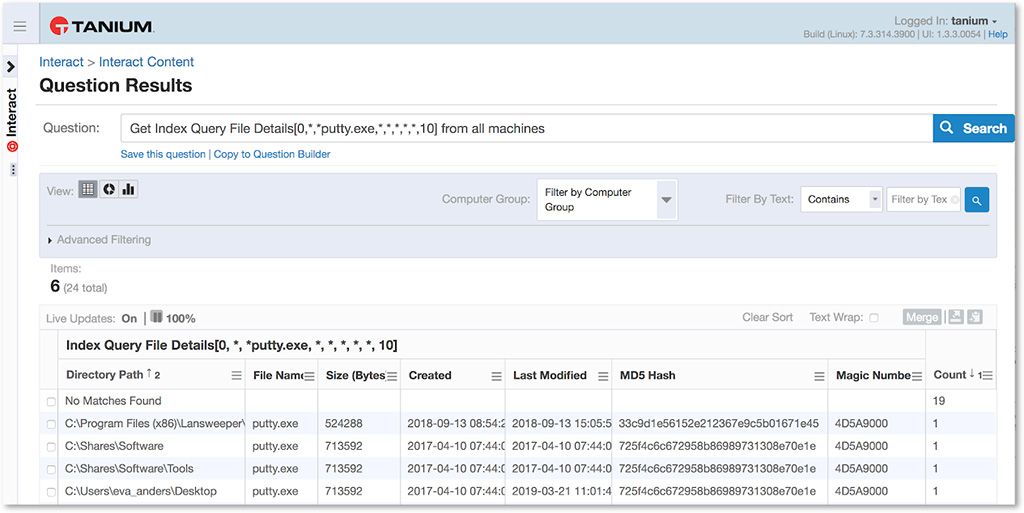Screenshot einer Tanium-Indexabfrage, der Dateidetails mit Dateipfad, Erstellungsdatum, MDS-Hash und Informationen zur Magic Number anzeigt