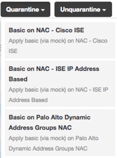 Screenshot der NAC-Optionen zur Netzwerkzugangskontrolle, einschließlich „Quarantäne“, „Aus der Quarantäne entlassen“ und „Dynamische Adressgruppen von Palo Alto“