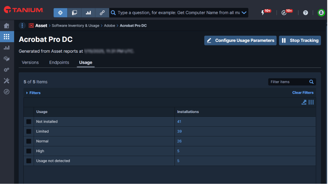 Screenshot der Tanium-Softwareinventarisierung, der die Nutzungsparameter und Versionen von Acrobat Pro DC zeigt