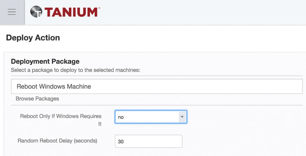 Tanium-Bereitstellungsformular für den Neustart von Windows-Computern nach Sicherheitsupdates