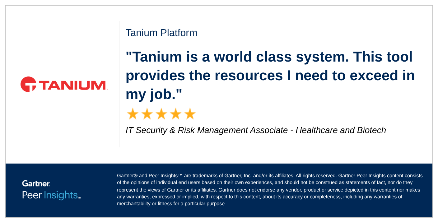 Gartner review snippet featuring a quote from an IT Security & Risk Management Associate praising Tanium Platform with five-star rating
