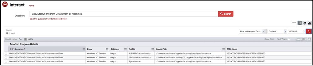 Tanium Interact-Abfrage zur Anzeige von Details zu Autostart-Programmen und Registrierungsinformationen aus der Malware-Analyse