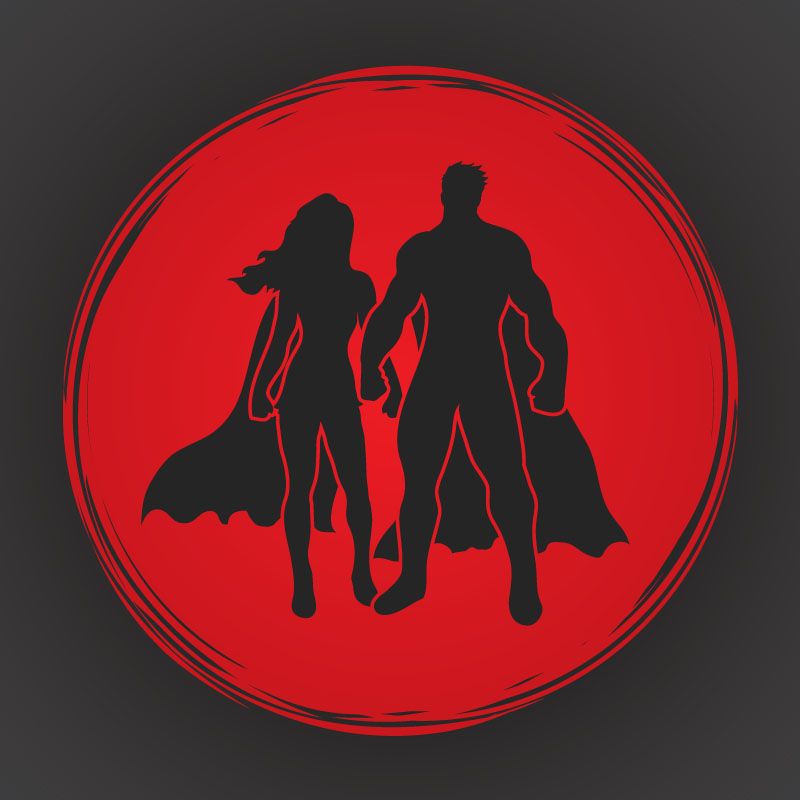 Illustration von Superhelden-Silhouetten vor einem roten, kreisförmigen Hintergrund
