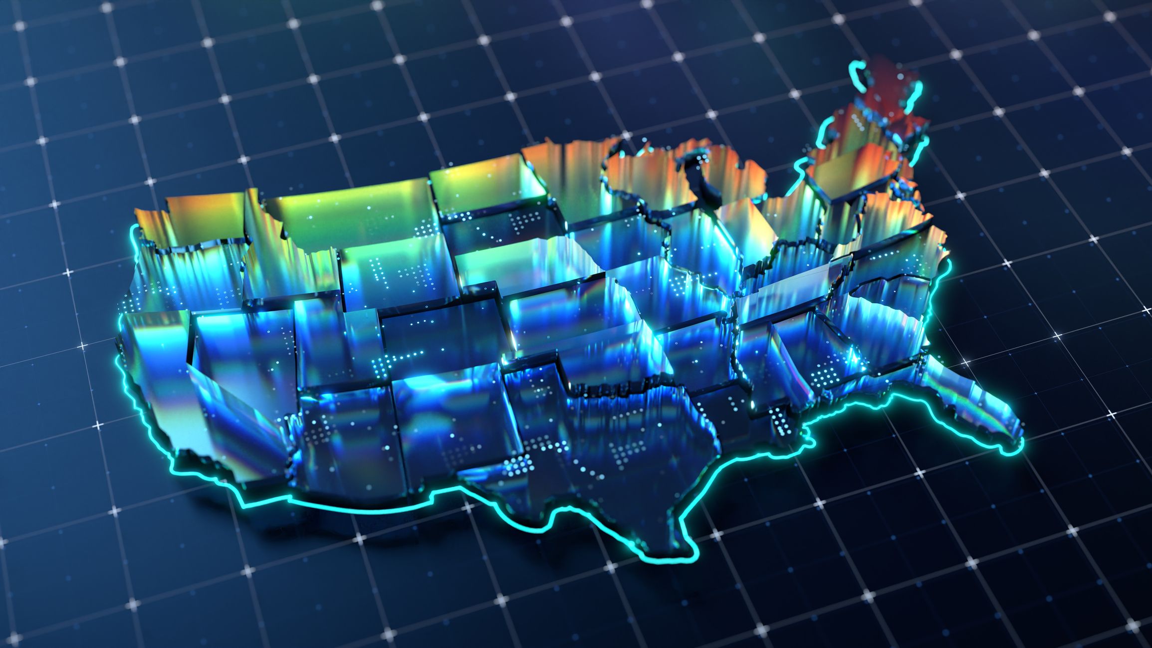 Eine leuchtende Neon-3D-Karte der USA, bei der jeder Bundesstaat aussieht, als wäre er aus Glasscherben gefertigt.