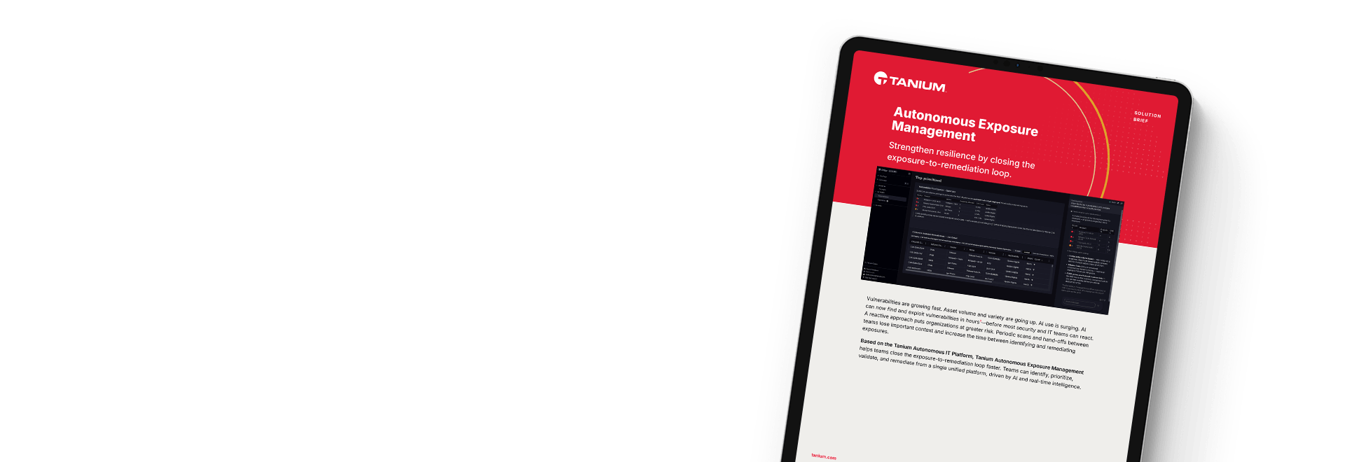 Tablet-Mockup des Lösungsüberblicks „Autonomous Exposure Management" mit rotem Branding