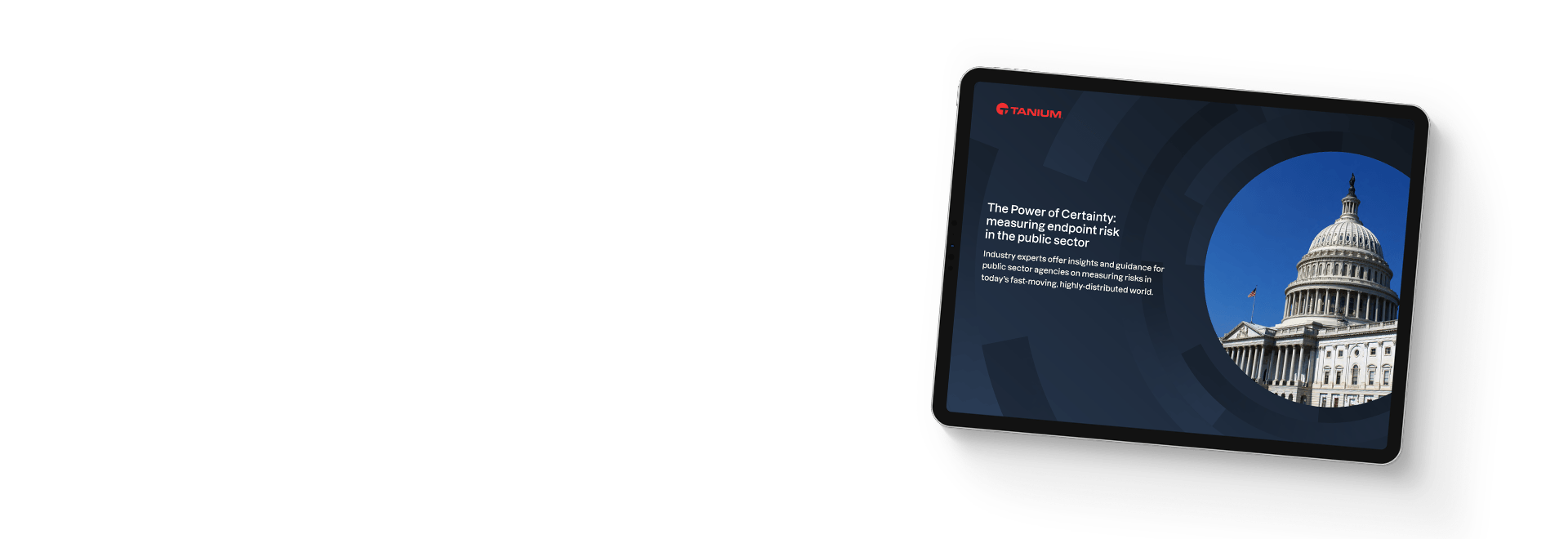 Tablet-Mockup des eBooks „Wie man Risiken im öffentlichen Sektor misst" mit Bildern des Kapitols