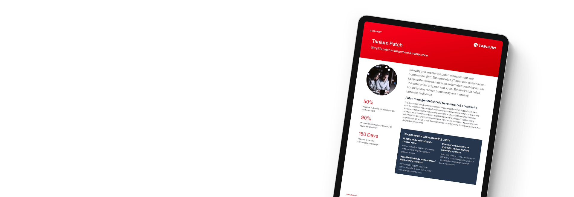 Tablet mit dem Tanium Patch Datenblatt und Patch-Management-Statistiken