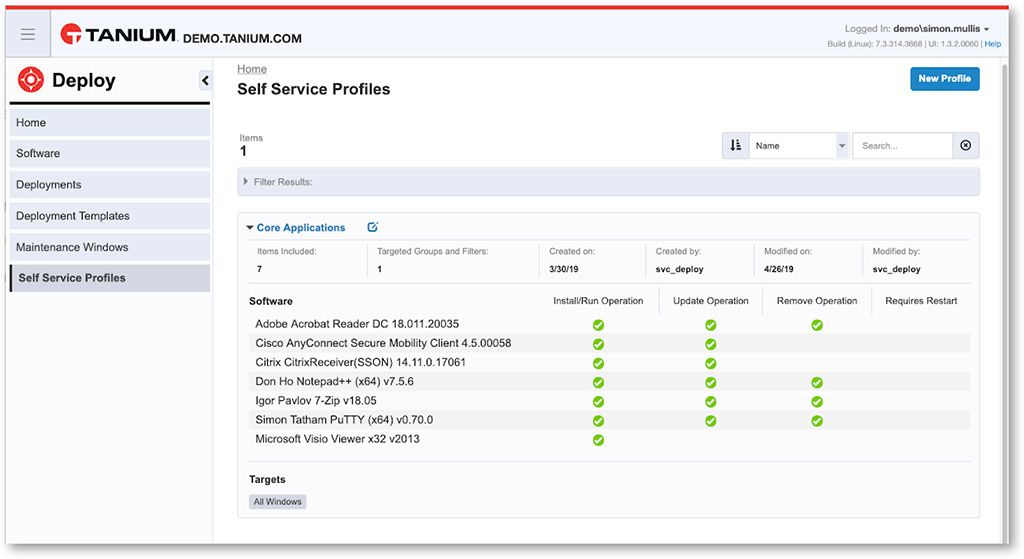Screenshot von „Tanium Deploy Self Service Profiles“, der die Kernanwendungen und Bereitstellungsvorgänge für die Softwareverteilung zeigt