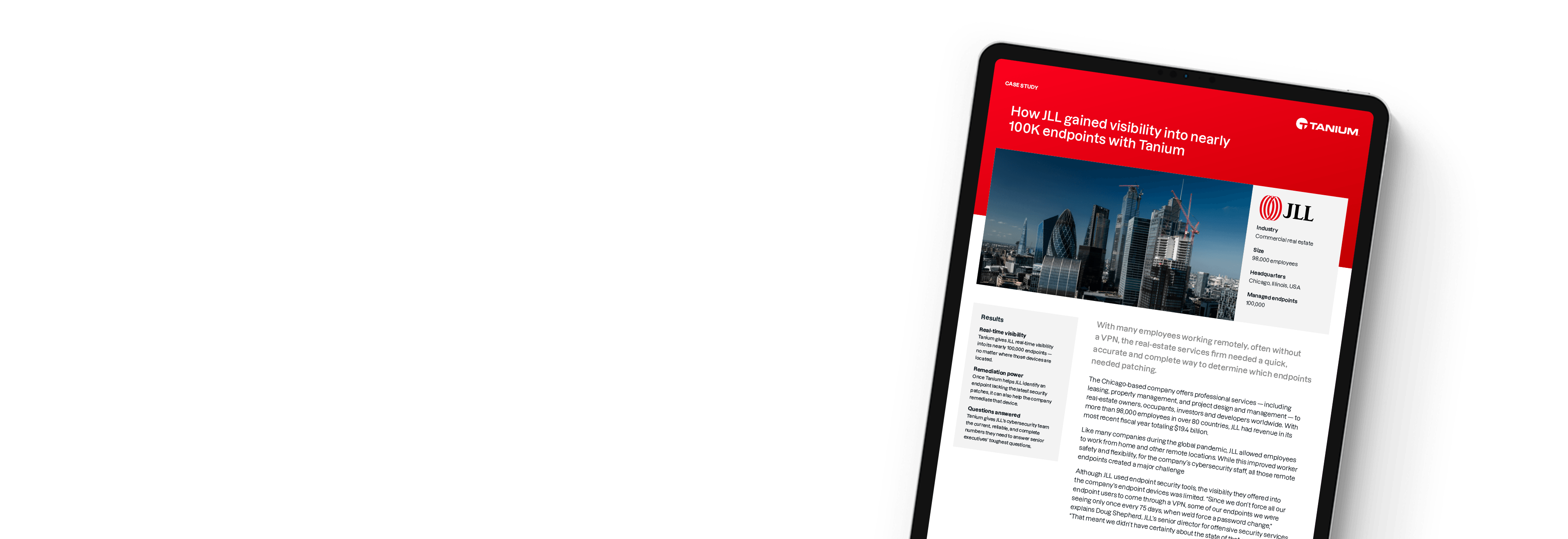Tablet mit der Fallstudie „Wie JLL mit Tanium Einblick in nahezu 100.000 Endpunkte gewann"